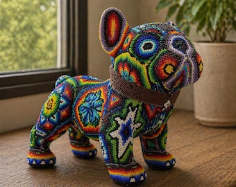 Handmade Wixárika Beaded French Bulldog Sculpture | Huichol Art Dog Figure | Colorful Mexican Folk Art Décor | Artisan Dog Lover Gift
