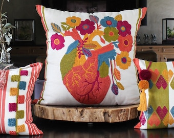 Amor Love Collection Authentic Mexican Throw Pillow Luxury Cover Set. Organic Cotton Embroidered Case Decorative 100% Handmade Textile Art.