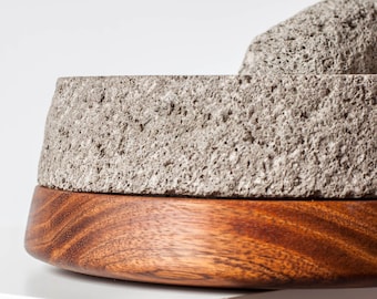 Stone & Wood Authentic Mexican Molcajete + Tortilla Warmer. Hand Carved Stone Mortar Pestle Wooden Tortillero Base. Unique Design Set 2 in 1