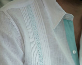 Fantasy Men’s Authentic Guayabera. White with Aqua Accents. Traditional Mexican Guayabera Shirt. 100% Linen.