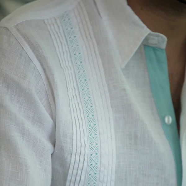 Fantasy Men’s Authentic Guayabera. White with Aqua Accents. Traditional Mexican Guayabera Shirt. 100% Linen.