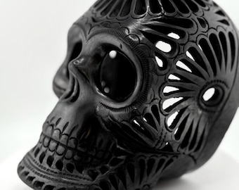 Hand Carved Wall-Mount Oaxacan Black Pottery Barro Negro Calavera Skull 7"x 5" with Floral Swirl Designs From Mexico. Dia de Muertos Ofrenda