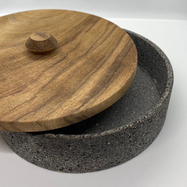 Stone & Wood Tortillero - Tortilla Warmer Authentic Mexican Black Stone with Wooden Lid Tortilla Holder.  Modern Tortillero. Unique Design.