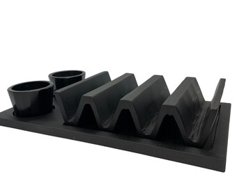 Taco Serving Tray. Authentic Mexican Resin Taco Holder Kit. Unique Design by Rolikka. All Black Base + Taco Stand + 2 Containers.
