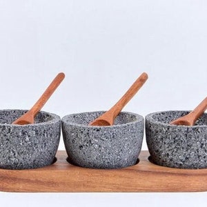 Mexican Handcrafted Volcanic Stone Salsa CUY Bowls Set with Spoons & Wooden Tray Dressing Bowls Set. 5 de Mayo Side Dish Mini Bowls Set of 3