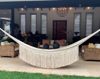 Vita Handwoven Mexican Luxury Hammock: Double Size with Macrame Fringe. Boutique Hotel Quality. Unique Design. Mexican Made. Weatherproof.