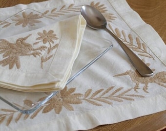 Mexican Hand Embroidered Otomi Placemats and Napkins 8 Piece Set. Organic Cotton Tenango Embroidered Table Mats Available in Multiple Colors
