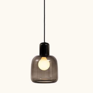 Brasa Hand Blown Glass Lamp. Authentic Mexican Handmade Pendant Lamp 8 x 11 Inches. Smoked Hand Blown Glass Ceiling Lamp. Accent Lighting.