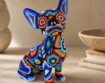 Chihuahua Huichol Beaded Dog Wixarika Original Folk Art 100% Authentic Handmade in Mexico.