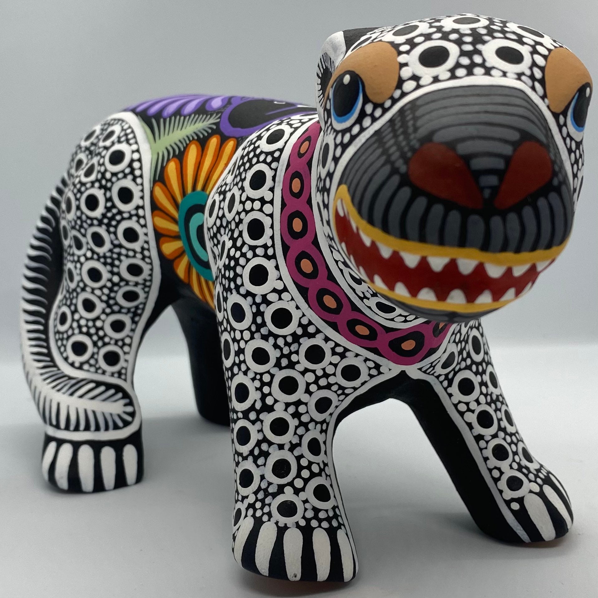 Hand-painted Mexican Huichol Jaguar. Mexican Decor. Handmade and