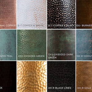 May include: A collection of 10 different copper finishes, including natural copper, copper and white, copper and black, burned copper, oxidized teal, oxidized green, oxidized dark green, oxidized lines, black, gold, black lines, and gold lines.