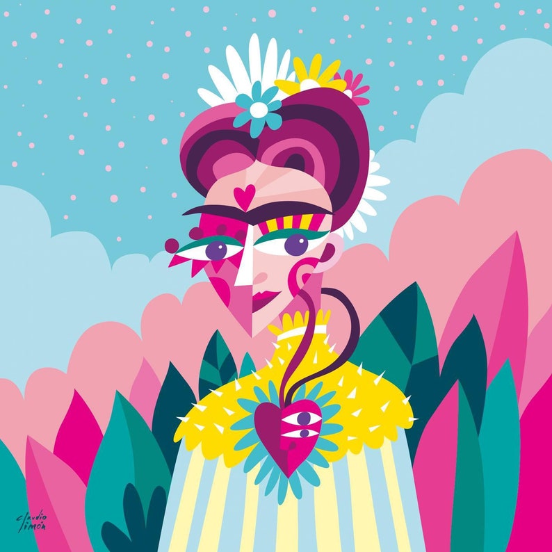 May include: A colorful illustration of a woman with a flower crown and a heart-shaped pendant. The woman's face is stylized with geometric shapes and bold colors. The background is a soft blue with pink clouds and green foliage.