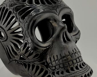 Hand Carved Oaxacan Black Pottery Barro Negro Calado Calavera Skull 8" x 6" with Floral Swirl Designs From Mexico. Dia de Muertos Ofrenda