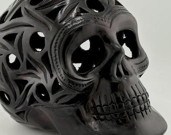 Hand Carved Oaxacan Black Pottery Barro Negro Calado Calavera Skull 7" x 5" with Swirl Designs From Mexico. Dia de Muertos Ofrenda