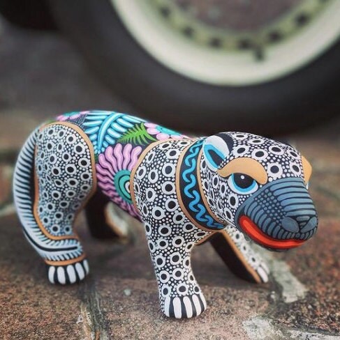 43.5cmx31.5cm シャガールタッチの絵“BUNKAMURA” Hand-painted Mexican Huichol Jaguar. Mexican Decor. Handmade and