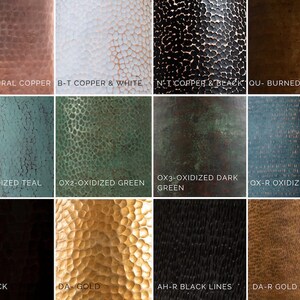 May include: A chart showing 10 different copper finishes, including natural copper, copper and white, copper and black, burned copper, oxidized teal, oxidized green, oxidized dark green, oxidized lines, black, gold, black lines, and gold lines.
