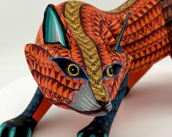 Mexican Oaxacan Alebrije Fox — Hand-Painted Copal Wood, Carved from a Single Piece, by Demetrio Cortes, Handmade Folk Art from Oaxaca