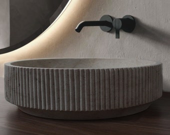 Arena Sand Round Natural Marble Stone Vessel Sink Washbasin. High Quality 100% Handmade in Mexico. Round Shaped Bathroom Countertop Sink.