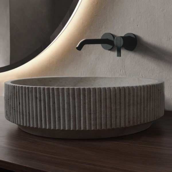 Arena Sand Round Natural Marble Stone Vessel Sink Washbasin. High Quality 100% Handmade in Mexico. Round Shaped Bathroom Countertop Sink.