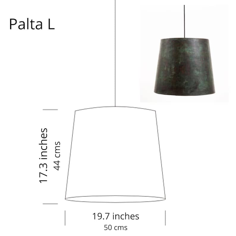 May include: A green metal pendant light fixture with a cylindrical shade. The shade is 19.7 inches wide and 17.3 inches tall. The light fixture is called "Palta L".