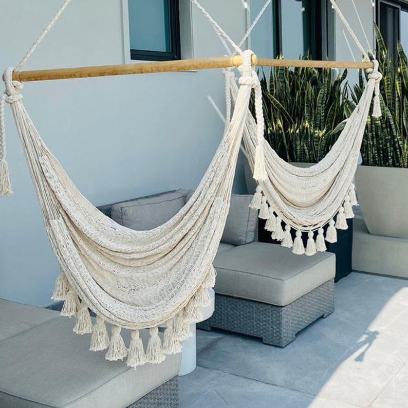 Columpio Handwoven Mexican Cotton Luxury Hammock Swing Chair with Pom Poms. Boutique Hotel. Mexican Made. Bedroom, Patio, Porch or Tree. image 2