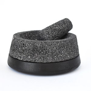 Stone & Black Wood Authentic Mexican Molcajete + Tortilla Warmer. Volcanic Stone Molcajete Wooden Tortillero Base. Unique Design Set 2 in 1.