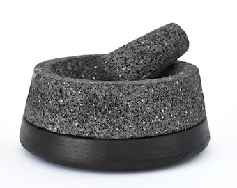 Stone & Black Wood Authentic Mexican Molcajete + Tortilla Warmer. Volcanic Stone Molcajete Wooden Tortillero Base. Unique Design Set 2 in 1.