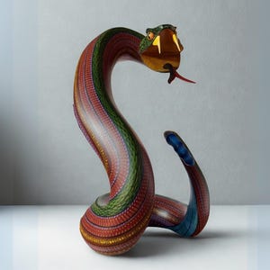 May include: A colorful, hand-carved wooden snake sculpture. The snake features a detailed pattern of red, green, and blue hues. The snake's head is open, revealing its fangs and a red tongue. The sculpture is a unique piece of art.