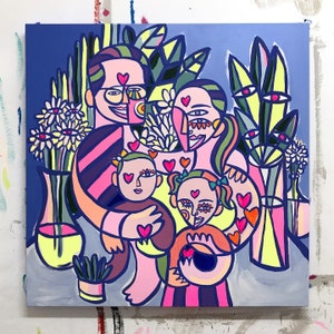 May include: A colorful painting of a family with two children. The parents are holding the children, and there are flowers and plants in the background. The painting is done in a bright, bold style with a lot of pink, blue, and green.
