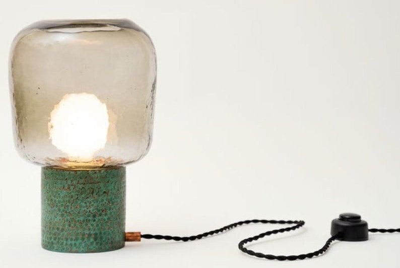 Tata Handmade Hammered Copper & Blown Glass Desk Lamp, Mexican Lighting. Table Lamp. Mood Light. Bedroom Bedside Desk Lamp.