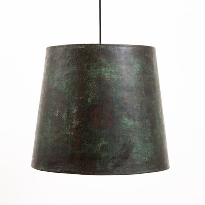 May include: A green and brown metal pendant light with a wide, cone-shaped shade.