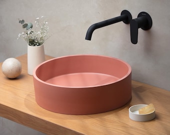 Musa Round Modern Concrete Vessel Sink Washbasin. High-Quality Mexico Handmade Luxury Wall Mount Powder Room Vanity Bathroom Countertop Sink