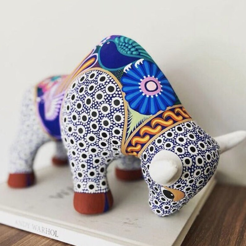 Hand-Painted Mexican Huichol Bull. Mexican Decor. Handmade and Hand-painted Clay Figure. Mexican Folk Art. Handcrafted in Mexico. White + Mexican Folk