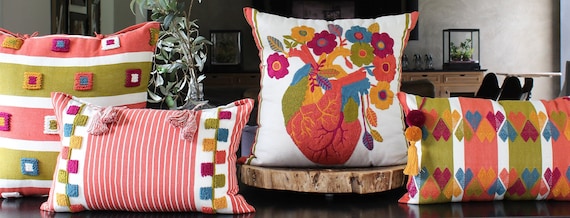 Amor Love Collection Authentic Mexican Throw Pillow Luxury Cover Set. Organic Cotton Embroidered Case Decorative 100% Handmade Textile Art.