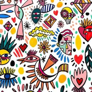 May include: A colorful abstract pattern with various shapes, including eyes, hearts, flowers, and geometric designs. The background is white, and the shapes are drawn in bright colors like red, blue, yellow, green, and pink.