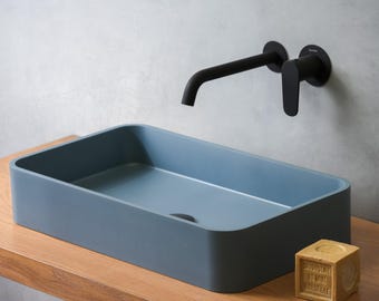 Sisa Rectangular Modern Concrete Vessel Sink Washbasin. Mexico Handmade Luxury Wall Mount Basin Powder Room Vanity Bathroom Countertop Sink.