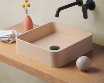 Badi Square Fluted Modern Concrete Vessel Sink Washbasin Mexico 100% Handmade Luxury Wall Mount Basin Powder Room Vanity Bathroom Countertop