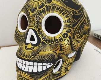 Hand-Painted Mexican Huichol Large Calavera Skull. Day Of The Dead, Dia De Muertos, Halloween Decor, Mexican Big Skull, Clay Skull.
