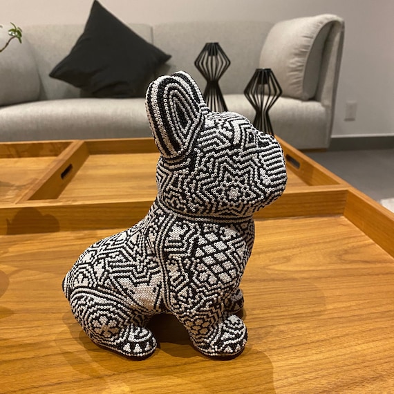 Handcrafted Original Mexican Huichol Beadwork French Bulldog. Mexican Decor. Handmade Huichol Folk Art Clay Figure. Made In Mexico