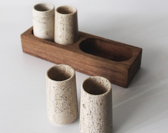 Mexican Tequila Shot Glasses. Imported Handmade Marble Tequileros with serving tray. Set of 4. Marble Cups for Tequila or Mezcal. Sipper.
