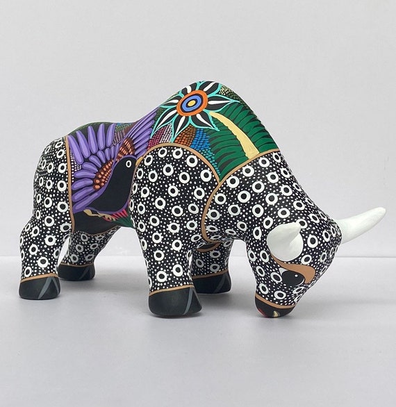 Hand-Painted Mexican Huichol Bull. Mexican Decor. Handmade and Hand-painted Clay Figure. Mexican Folk Art. Handcrafted in Mexico.