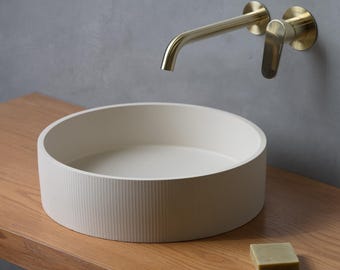 Maca Round Fluted Modern Concrete Washbasin. High-Quality Mexico Handmade Luxury Wall Mount Powder Room Vanity Bathroom Countertop Sink