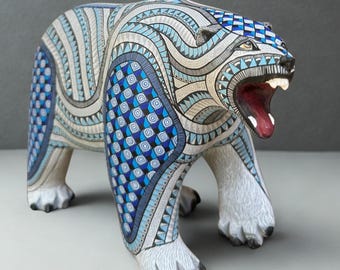 Mexican Oaxacan Alebrije Oso Polar Bear — Hand-Carved and Hand-Painted Copal Wood, Folk Art from Oaxaca
