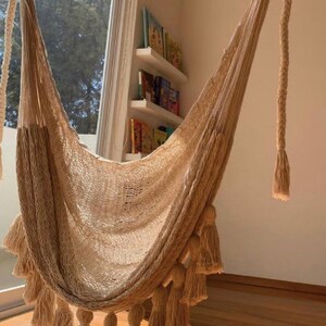 Columpio Handwoven Mexican Cotton Luxury Hammock Swing Chair with Pom Poms. Boutique Hotel. Mexican Made. Bedroom, Patio, Porch or Tree. image 5