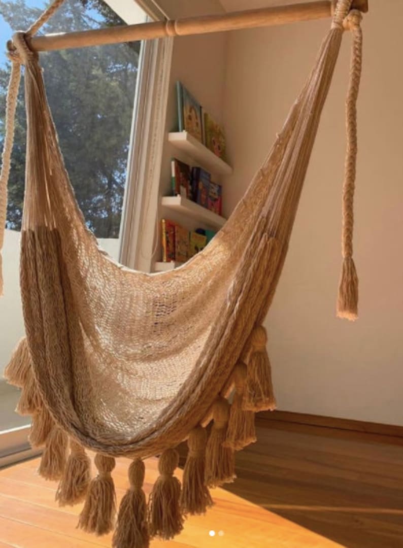 Columpio Handwoven Mexican Cotton Luxury Hammock Swing Chair with Pom Poms. Boutique Hotel. Mexican Made. Bedroom, Patio, Porch or Tree. image 5