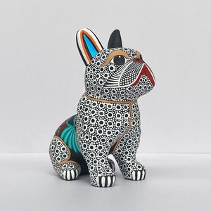 Hand-Painted Mexican Huichol French Bulldog. Mexican Decor. Handmade and Hand-painted Clay Figure. Mexican Folk Art. Made In Mexico