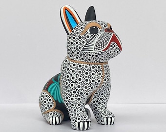 Hand-Painted Mexican Huichol French Bulldog. Mexican Decor. Handmade and Hand-painted Clay Figure. Mexican Folk Art. Made In Mexico