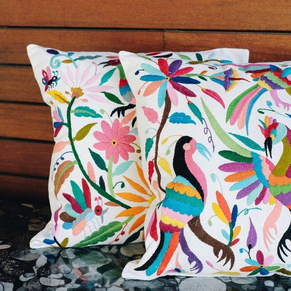 Mexican Acatzingo Otomi Folk Pillow Cover Set of 2. Organic Cotton Tenango Embroidered Cushion Case Decorative Pillow 100% Handmade Decor