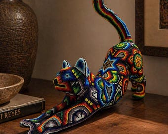 Handmade Wixárika Beaded Cat Sculpture | Huichol Art Figure | Colorful Mexican Folk Art Décor | Artisan Cat Lover Gift