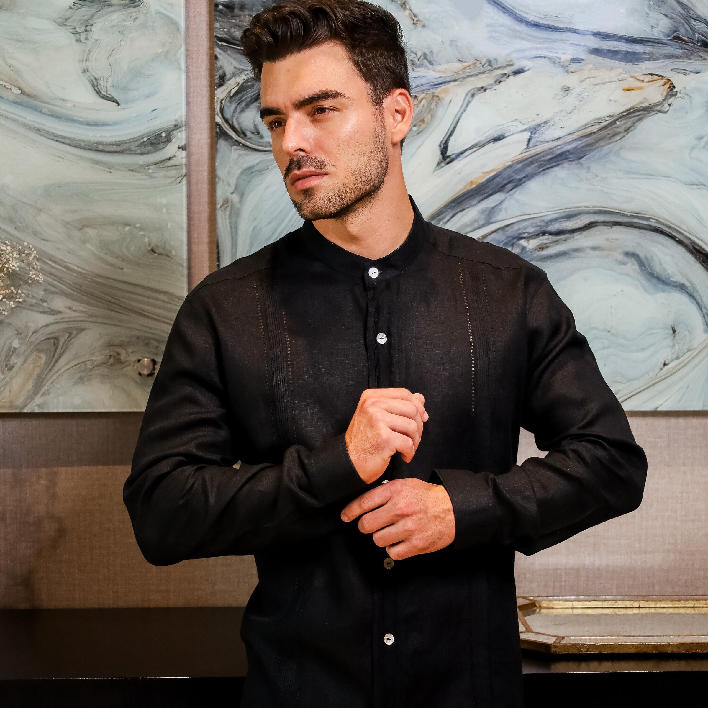 Dormir Contigo Men’s Authentic Guayabera. Traditional All White All Black Mexican Guayabera Shirt. 100% Linen. Armando Manzanero Collection